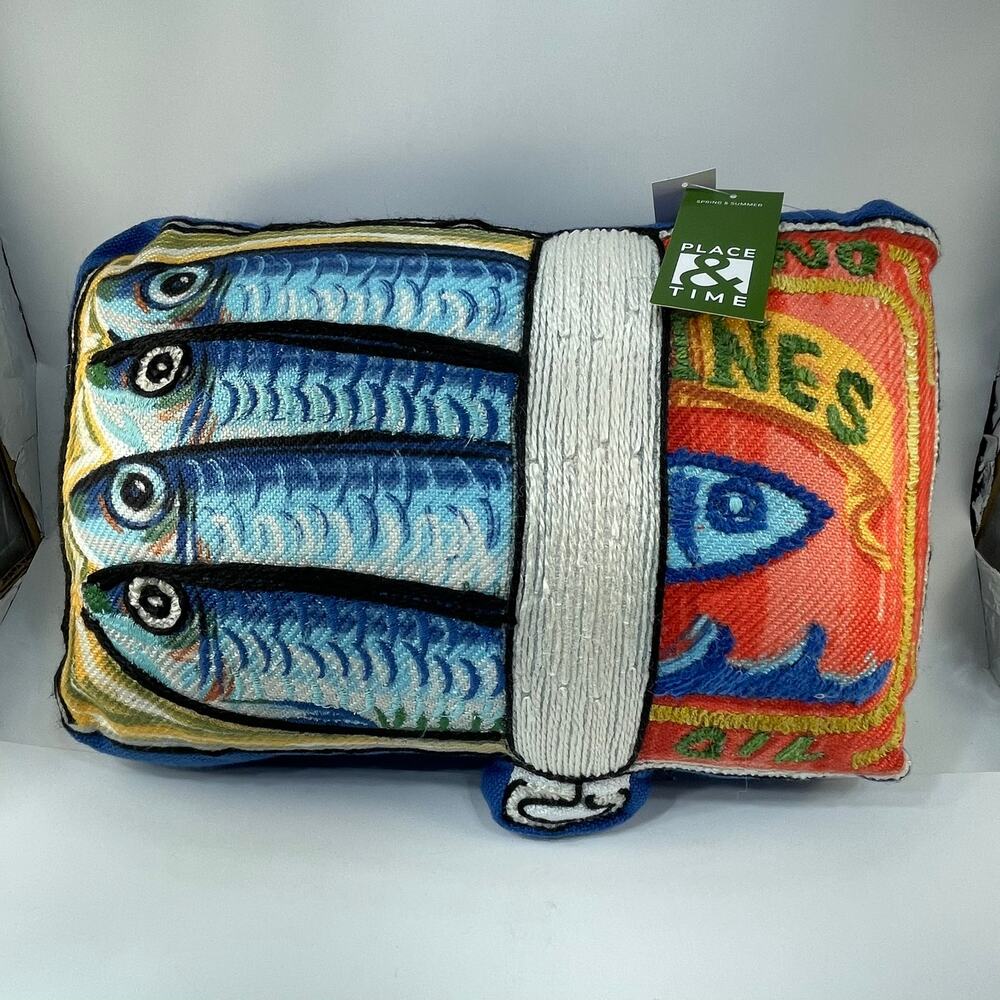 Place & Time Sardine Can Fish Decorative Pillow 15x11 Embroidered NWT